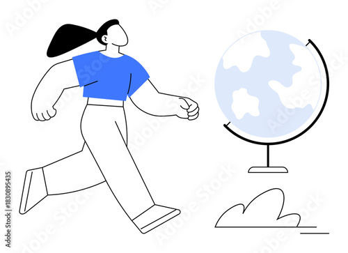 Woman taking decisive steps, globe in view, suggesting exploration or global aspirations. Ideal for education, travel, learning, leadership, motivation personal growth sustainability. Simple flat