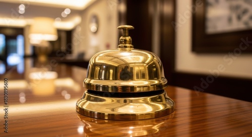 Golden Hotel Reception Bell on Wooden Counter in Elegant Lobby