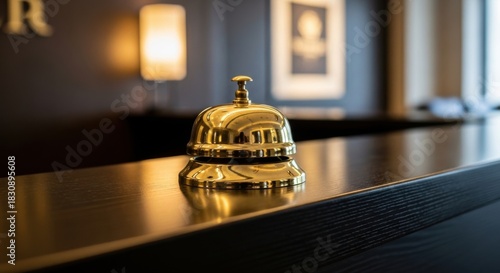 Golden Hotel Reception Bell on Wooden Counter in Elegant Lobby