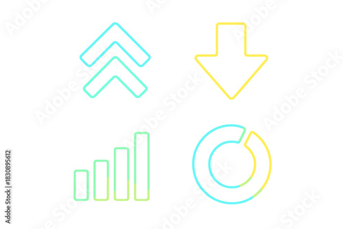 Vibrant neon gradient line icons representing business data analysis and financial growth indicators