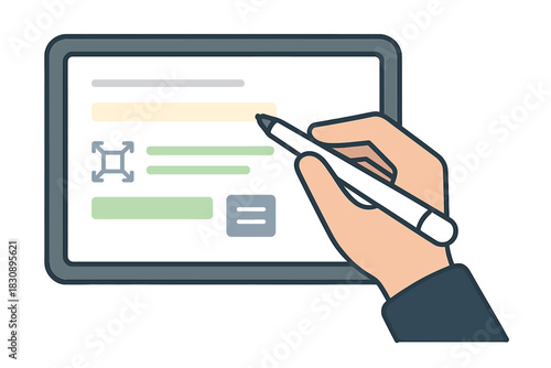 Hand using digital stylus pen on tablet screen displaying user interface layout