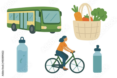 Environmentally friendly transport and shopping concepts with bus, bike, water bottles, and produce