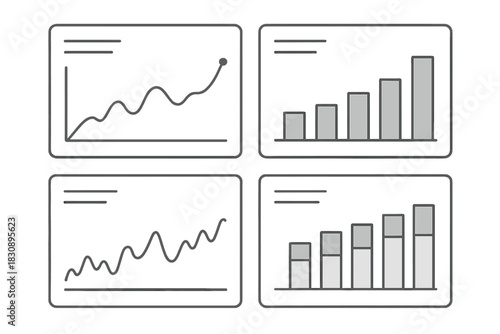 Minimalist data visualization charts including line graphs and bar charts for business reporting