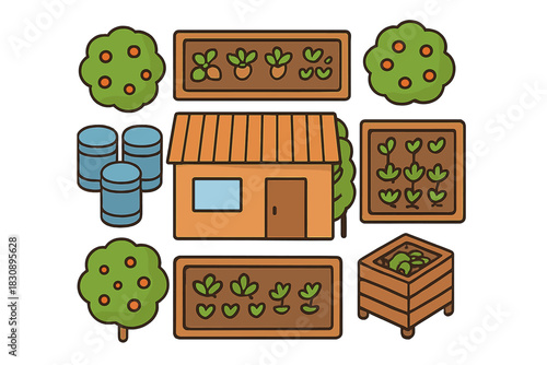 Stylized farm and garden objects including shed, trees, and planting boxes