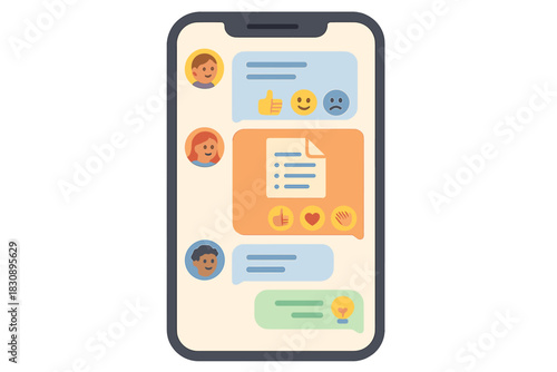 Mobile phone displaying a messaging app interface with multiple users and colorful chat bubbles