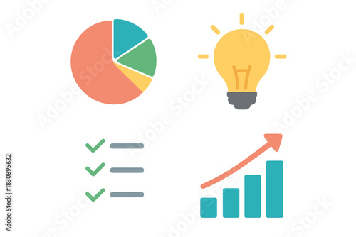 Data analysis and business growth symbols: pie chart, lightbulb, checklist, bar graph