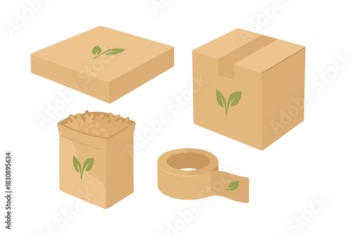 Sustainable packaging set with cardboard boxes, paper bag, and eco-friendly tape featuring green leaf symbols