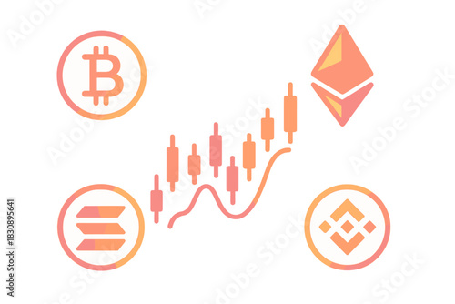 Cryptocurrency market analysis with candlestick chart showing price movements and digital currency icons