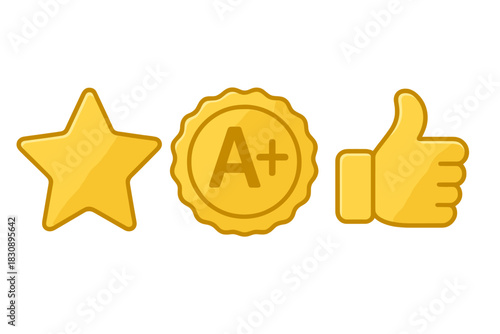 Golden star rating badge with A plus grade and positive thumbs up gesture
