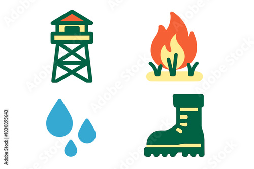 Outdoor safety symbols including fire watch tower, wildfire, water drops, and hiking boot