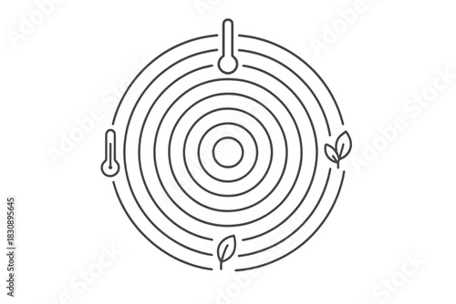 Minimalist concentric circles graphic with thermometer and leaf icons symbolizing climate zones and environmental impact