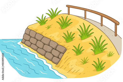 Stone retaining wall on coastal embankment with grassy slope and path railing