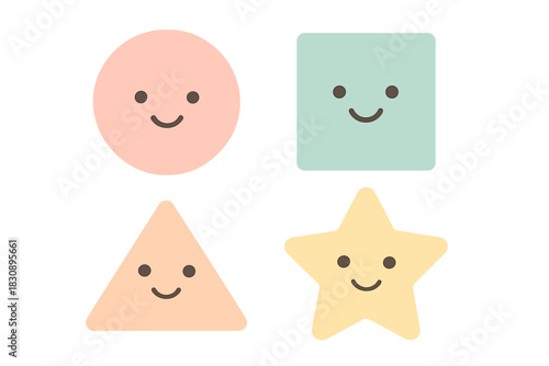 Four cute pastel geometric shapes including a circle, square, triangle, and star with smiling faces