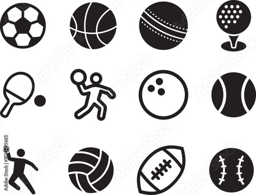   Vector silhouette icon set of ball sports perfect for athletics, games, recreation, and fitness graphics. 