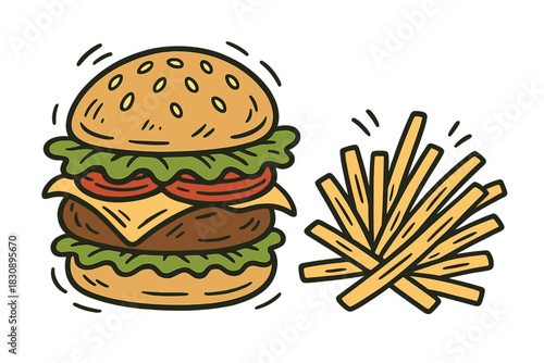 Classic cheeseburger and crispy french fries fast food meal
