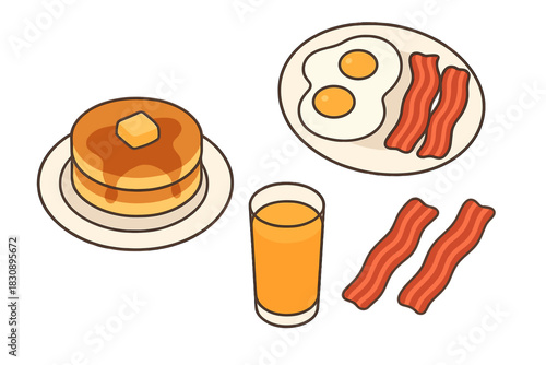 Classic American breakfast with pancakes, fried eggs, crispy bacon, and orange juice