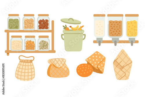 Sustainable living zero waste elements with bulk food storage containers and composting bin