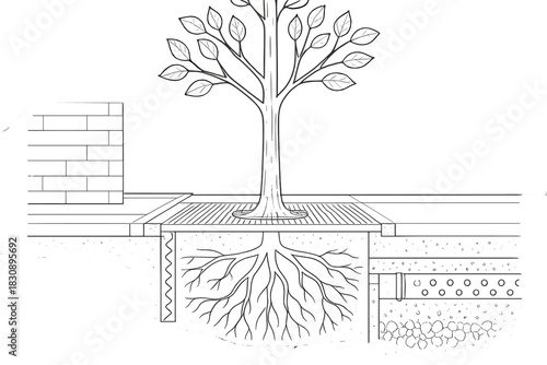 Anatomical cross section of tree trunk and root structure planted in sidewalk pavement with drainage