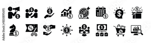 Marketing icon vector set. Contains advertising, promotion, social media, target, strategy, shopping discount, bonus, meeting, analytics, management, idea, discussion, loan - illustration
