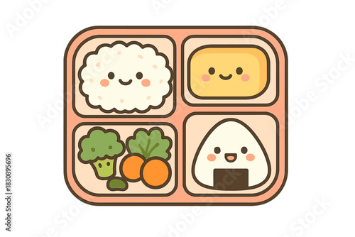 Adorable Japanese bento box lunch featuring kawaii style rice, onigiri, omelet, and fresh vegetables