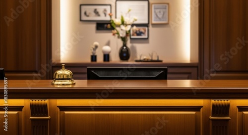 Elegant Wooden Hotel Reception Desk with Bell and Decorative Vases in Warm Lighting