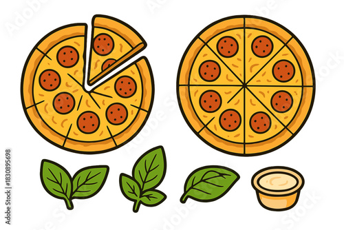 Pepperoni pizza slices and whole pie with fresh basil and dipping sauce on white background