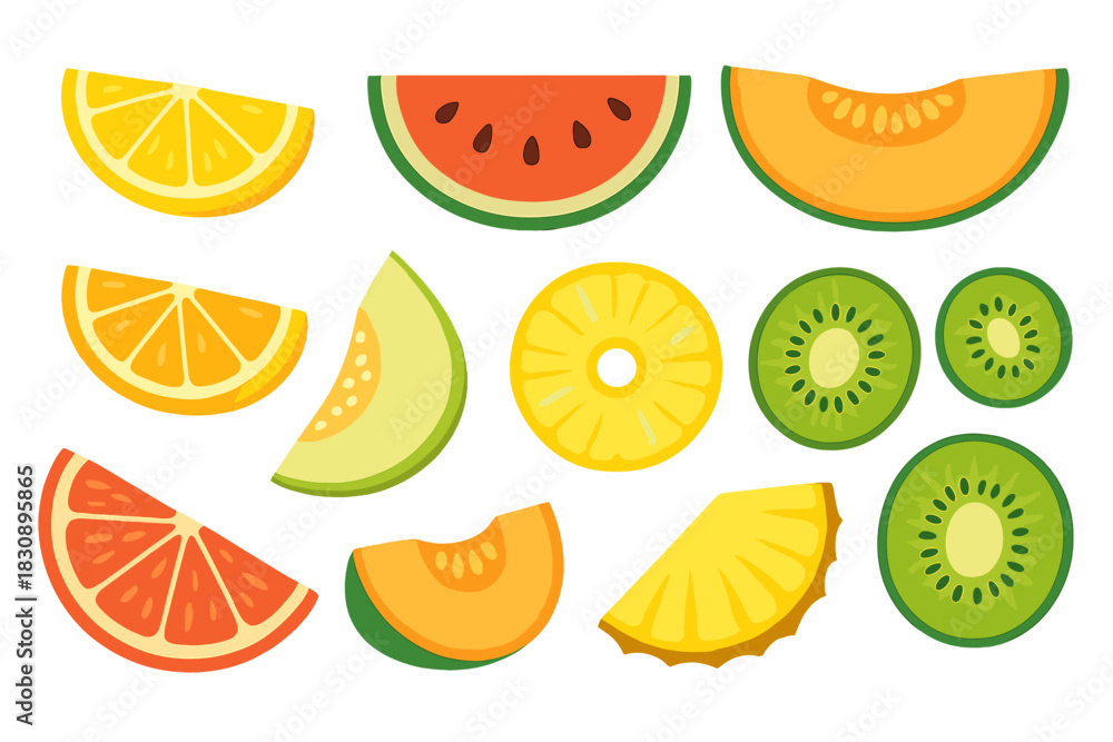 Naklejka premium Fresh tropical and citrus fruit slices collection including kiwi, pineapple, watermelon, and melon