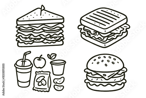 Outline drawings of various fast food items including layered sandwich, grilled panini, and double burger