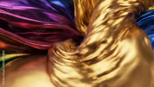Golden fabric intertwines with rainbow hues
