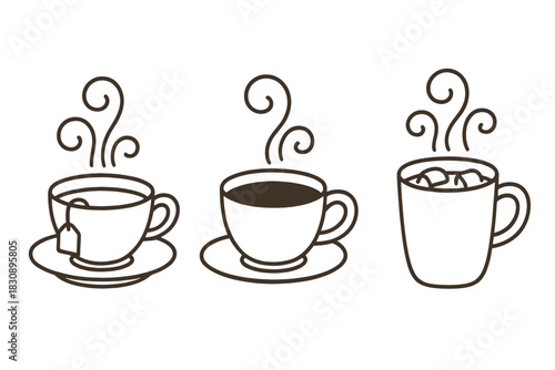 Minimalist line art set featuring three different steaming hot beverages in cups