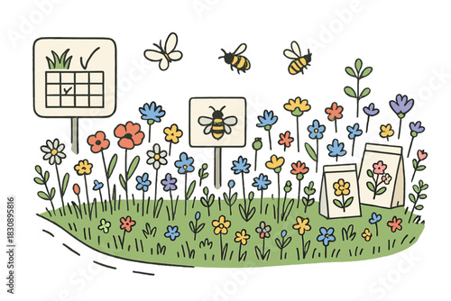 Colorful garden scene with blooming wildflowers, flying insects, seed packets, and planting schedule signs