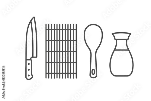 Essential tools set for Japanese sushi preparation including knife, rolling mat, and soy sauce dispenser