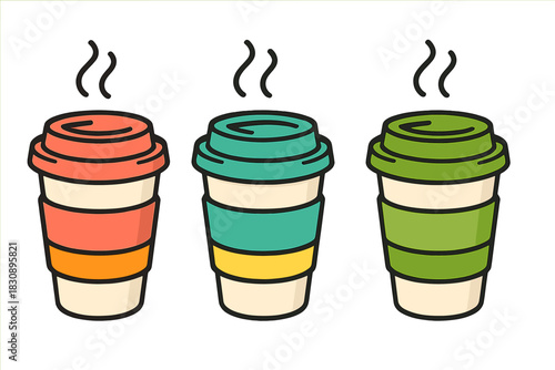 Three hot beverage cups with colorful lids and sleeves for coffee or tea