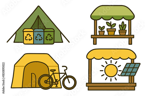 Collection of sustainable living symbols featuring recycling, camping, gardening, and solar energy
