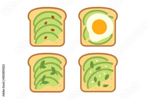 Four variations of popular avocado toast including one slice topped with a fried egg