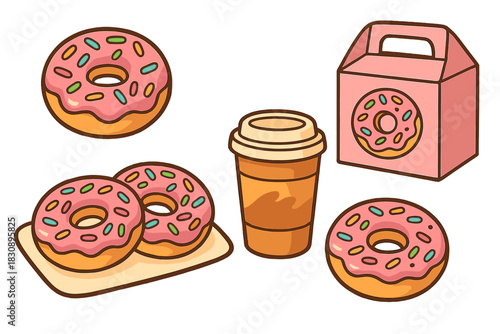 Sweet pink glazed donuts with sprinkles, takeaway coffee cup, and pastry box