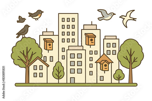Urban landscape with tall buildings, green trees, and flying birds nesting in attached birdhouses