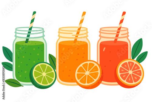 Three colorful fresh fruit smoothies in mason jars with citrus slices and straws