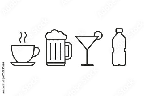 Collection of popular beverages including hot coffee beer cocktail and plastic water bottle