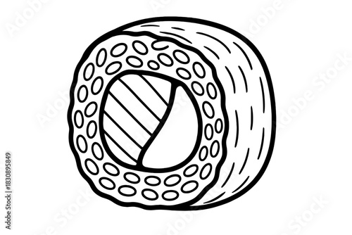 Single piece of traditional Japanese maki sushi roll in black and white outline style