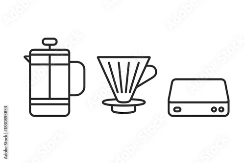 Minimalist line art symbols of coffee brewing tools including French press dripper and scale