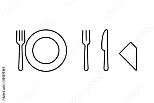Outline symbols of a full place setting with plate, fork, and knife
