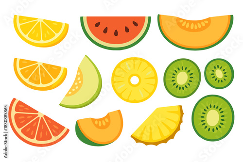 Fresh tropical and citrus fruit slices collection including kiwi, pineapple, watermelon, and melon