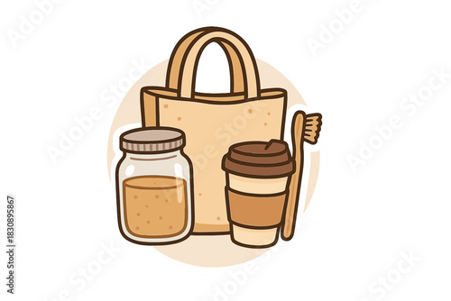 Zero waste lifestyle kit with reusable shopping bag and sustainable products