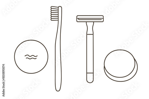 Minimalist outline of essential bathroom hygiene products like toothbrush and razor