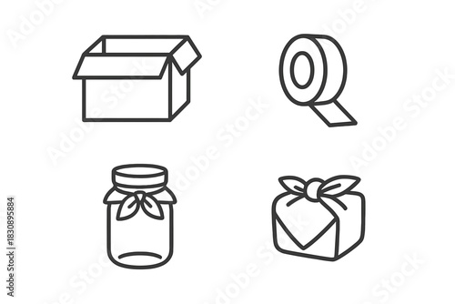 Set of line art symbols for packaging, shipping, and gifting including box, tape, and wrapped present