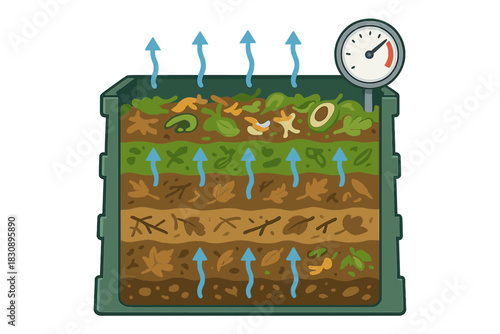 Cross section view of layered structure and aeration process in a composting bin