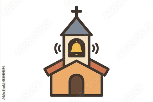 Traditional church building with a cross, bell tower, and ringing sound waves