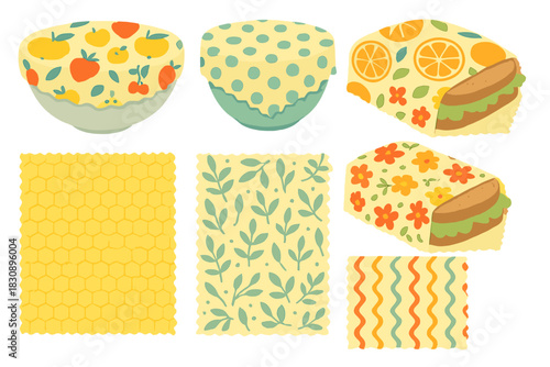 Reusable food wraps set with fruit, floral, and geometric patterns for sustainable living