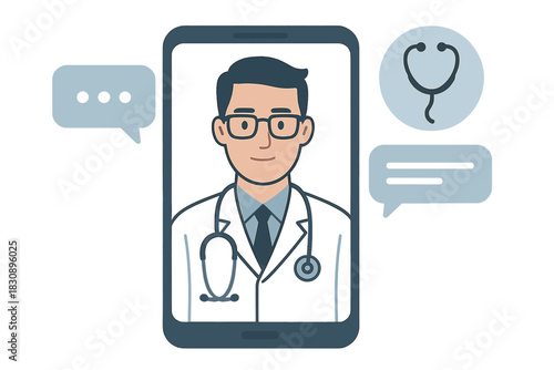 Doctor providing remote medical consultation via telemedicine app on a smartphone screen